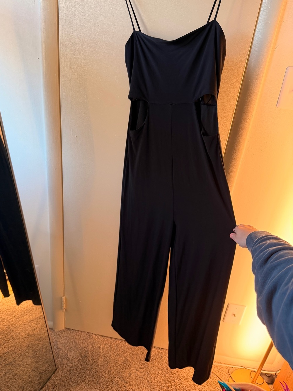 21 Saints Black Wide Leg Cowl Neck Jumpsuit Spaghetti Strap Pockets - Picture 1 of 8